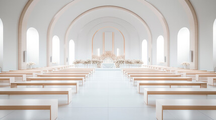 Fototapeta premium An empty white chapel with arches, flowers decorations and rows of benches ready for wedding ceremony.