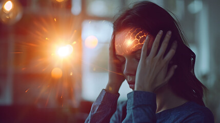 Young woman with headache at home with highlighted brain, stressed depression migraine concept - obrazy, fototapety, plakaty