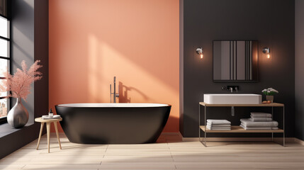 Contemporary bathroom with black freestanding tub and light shadows on terracotta walls. Minimalism concept. Generative AI