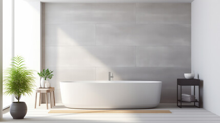 Minimalistic bathroom with neutral tiles and natural greenery. Serene and clean design concept Generative AI
