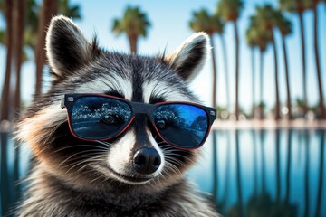 portrait of raccoon in sunglasses on a blurred background of palm trees and the beach