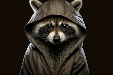 portrait of raccoon in sportswear and a hood
