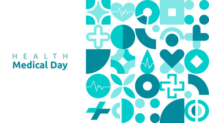 Health Day. Medical holiday logo. Healthcare and medicine. Abstract flat shapes. Mental care. Hospital treatment. Geometric Bauhaus forms. Memphis pattern. Brutalism icon. Vector garish background