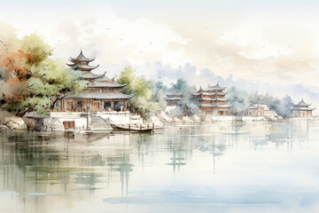 Hangzhou West Lake scenery, China. Watercolor painting.