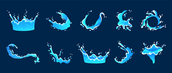Water splash. Game effect. Cartoon waves or drops. Magic UI. Circle ocean swirls. VFX spray icon. Liquid motion. Sea animation. Marine splatter. Pure drink. Blue fluid flow. Vector garish elements set