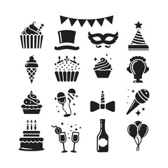 Vibrant Revelry Unveiled: Set of Party Silhouette Infused with the Radiance of Celebration - Party Elements Vector - Celebration Silhouette
