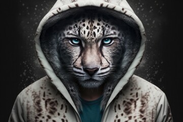 portrait of snow leopard in sportswear and a hood - obrazy, fototapety, plakaty