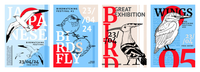 Poster design. Art exhibition. Birdwatching festival. Japanese bird. Creative hipster collage pattern. Sparrow or seagull fly. Book cover. Music abstract flyer. Invitation template. Vector banners set