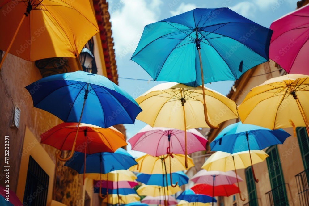 Poster colorful umbrellas hanging from the side of a building. great for adding a vibrant touch to any urba