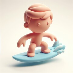 Surfing Baby Riding the Wave. 3D Cartoon Clay Illustration on a light background.