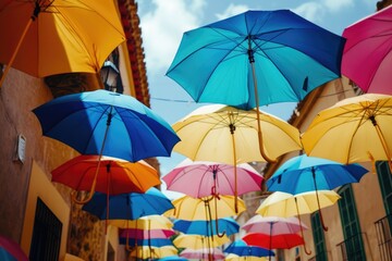 Colorful umbrellas hanging from the side of a building. Great for adding a vibrant touch to any urban scene or as a symbol of protection and shelter