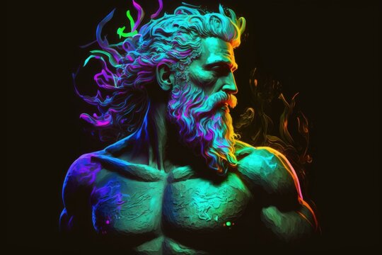 portrait of triton in neon colors on a dark background