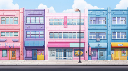 Vibrant Pastel Cartoon Cityscape with Japanese Minimalism and Anime Art Elements