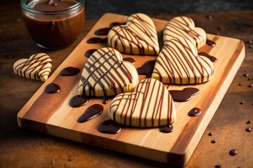 heart-shaped shortbread cookies on a wooden chopping board with chocolate drizzle