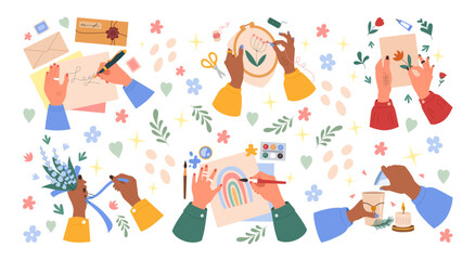 Craft art. Creative hobby. Woman painting picture or gluing applique. Handmade aroma candle. Artisan clothing. Create embroidery. Hands writing mail letter. Arms top view. Vector tidy handicrafts set