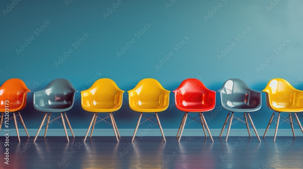 Poster A row of colorful chairs sitting next to each other. Perfect for adding a pop of color to any space