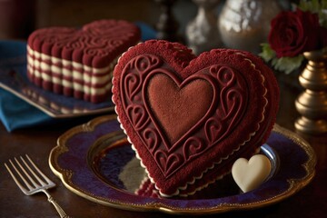 Obraz na płótnie Canvas heart-shaped shortbread cookies atop a heart-shaped red velvet cake