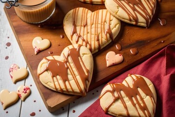 heart-shaped shortbread cookies with a peanut butter drizzle