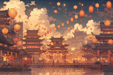 chinese town background ,with lantern in the sky, warm in pixel art style