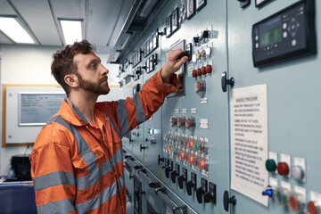 Young marine engineer monitoring work of electrical equipment in engine control room.