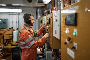 Foto op Plexiglas Young engineer officer starting diesel generator manually in engine room. © Igor Hotinsky