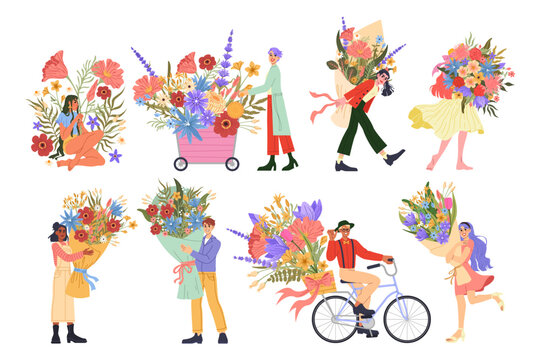 Happy character with bouquet. Men and women holding flower bunches. Couple in love. Romantic dating. People carrying blossoms in cart. Bike floral delivery. Natural plants. Blooming gifts vector set