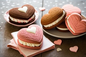 Fototapeta premium heart-shaped whoopie pies with pink and white filling