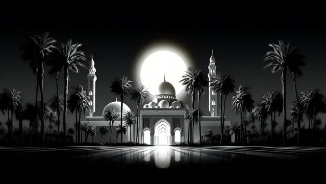 A mosque is shown with a full moon in the background. This serene and spiritual image is suitable for Ramadan, Eid, Islamic events, and cultural designs.
