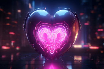 Human heart in red and blue neon light. 3D rendering.