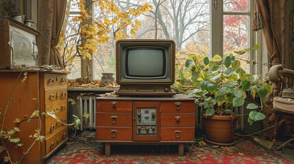 Vintage Black and White Television Set on Dresser in Main Room, Evoking the Nostalgia of Soviet Era