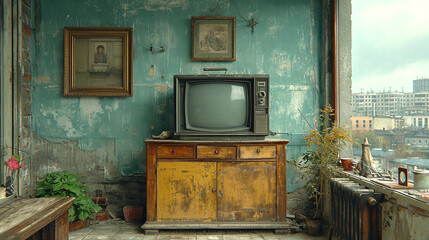 Fototapeta na wymiar Vintage Black and White Television Set on Dresser in Main Room, Evoking the Nostalgia of Soviet Era