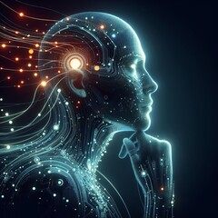 Futuristic illustration of side view of pensive cyborg character with illuminated dots and wires with cables looking away against dark background