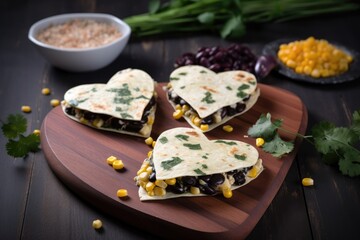 Fototapeta na wymiar heart-shaped quesadilla filled with melted cheese, black bean and corn mix, and fresh cilantro