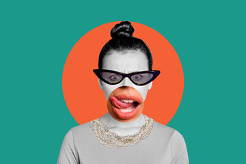 Creative drawing collage picture of different face parts nervous angry amazed female tongue lick lips weird freak bizarre unusual fantasy - obrazy, fototapety, plakaty