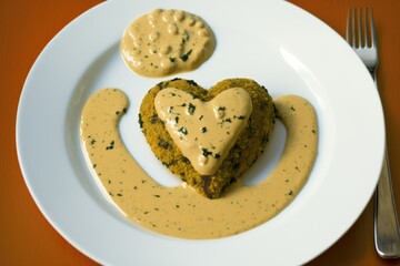 heart-shaped falafel on white plate with hummus and tahini sauce
