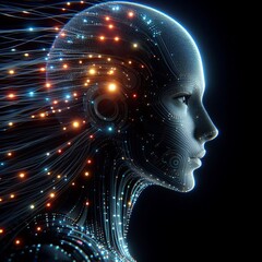 Obraz premium Futuristic illustration of side view of pensive cyborg character with illuminated dots and wires with cables looking away against dark background