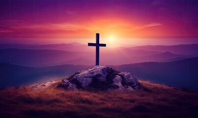 A majestic cross stands tall atop a hill, silhouetted against the vibrant hues of a mountain sunrise, a symbol of hope and faith in the vastness of nature, Easter concept
