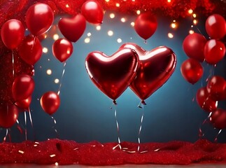 Two red Balloons surrounded by some more red balloons in a bluish background representing valentine's day 2024