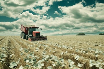 surreal scene where a red and black tractor is in the middle of harvesting a field