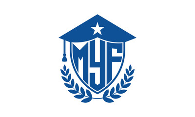 MYF three letter iconic academic logo design vector template. monogram, abstract, school, college, university, graduation cap symbol logo, shield, model, institute, educational, coaching canter, tech