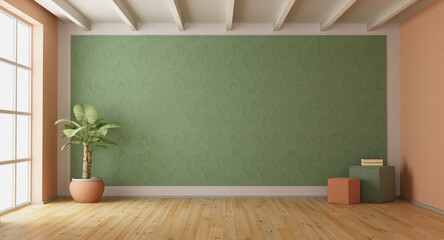 Modern interior of an empty apartment with green and peach fuzz walls - 713205174