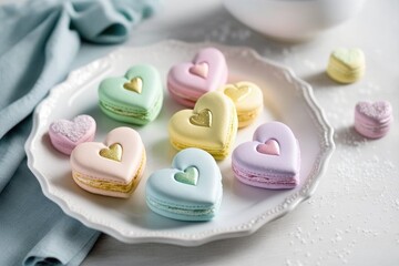 heart-shaped macarons on a white plate, with the pastel colors showing through
