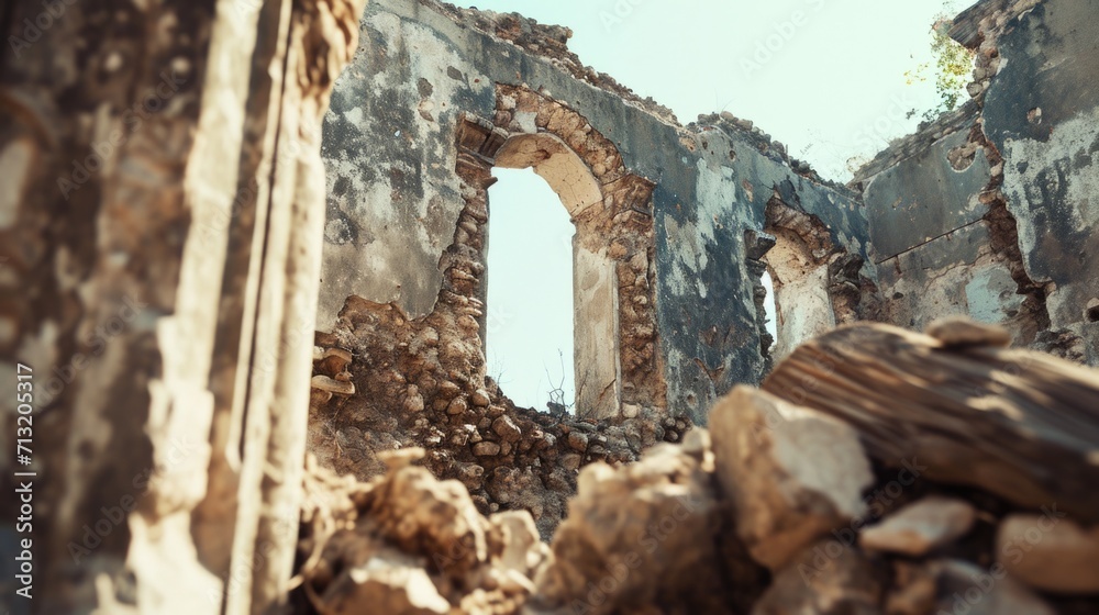 Poster an old building with a window and a pile of rubble. suitable for architectural, historical, or urban