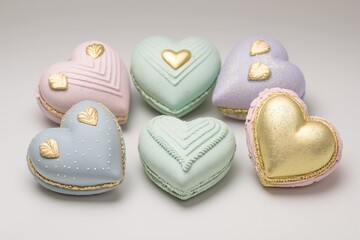 six heart-shaped macarons in pastel colors with gold dusting and hearts