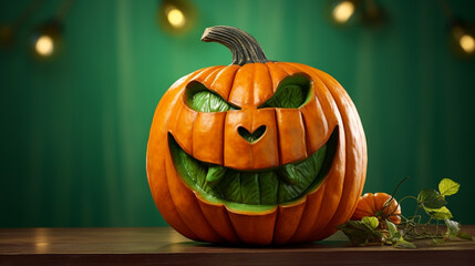 Fototapeta premium A pumpkin with a green mouth on a green background, cute Halloween, generative AI