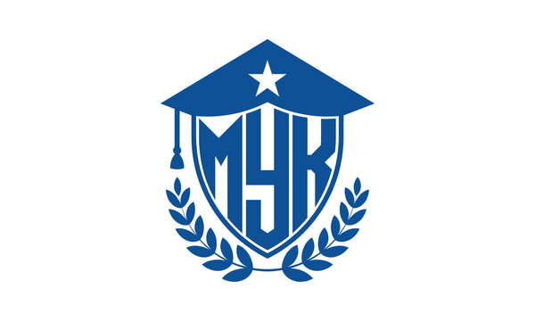 MYK three letter iconic academic logo design vector template. monogram, abstract, school, college, university, graduation cap symbol logo, shield, model, institute, educational, coaching canter, tech