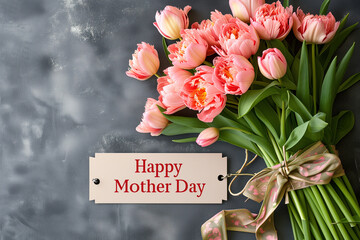 Happy Mother Day Text Banner Background With  Tulip Flowers Decoration and Mom Day Text Copy Space Background.