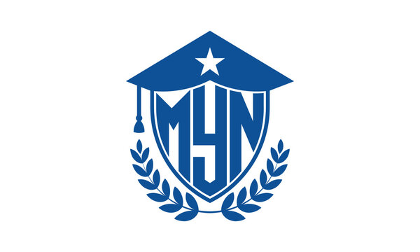 MYN three letter iconic academic logo design vector template. monogram, abstract, school, college, university, graduation cap symbol logo, shield, model, institute, educational, coaching canter, tech