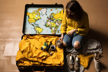 Vintage Traveler with Retro Map and Suitcase, Enjoying a Summer Vacation Adventure