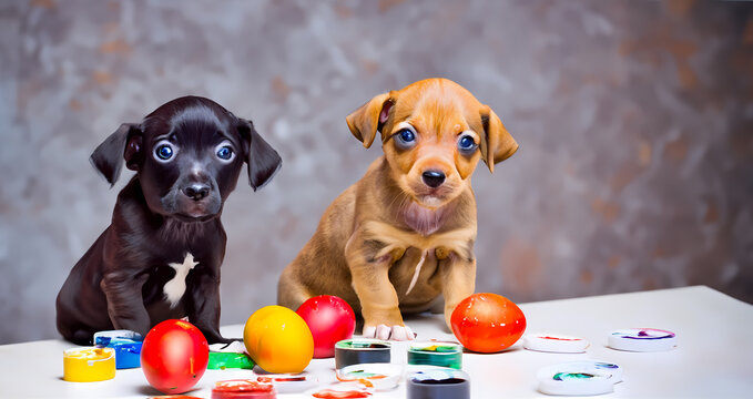 Zwei s&uuml;&szlig;e kleine Hunde Welpen sitzen an einem Tisch und haben Ostereier bemalt